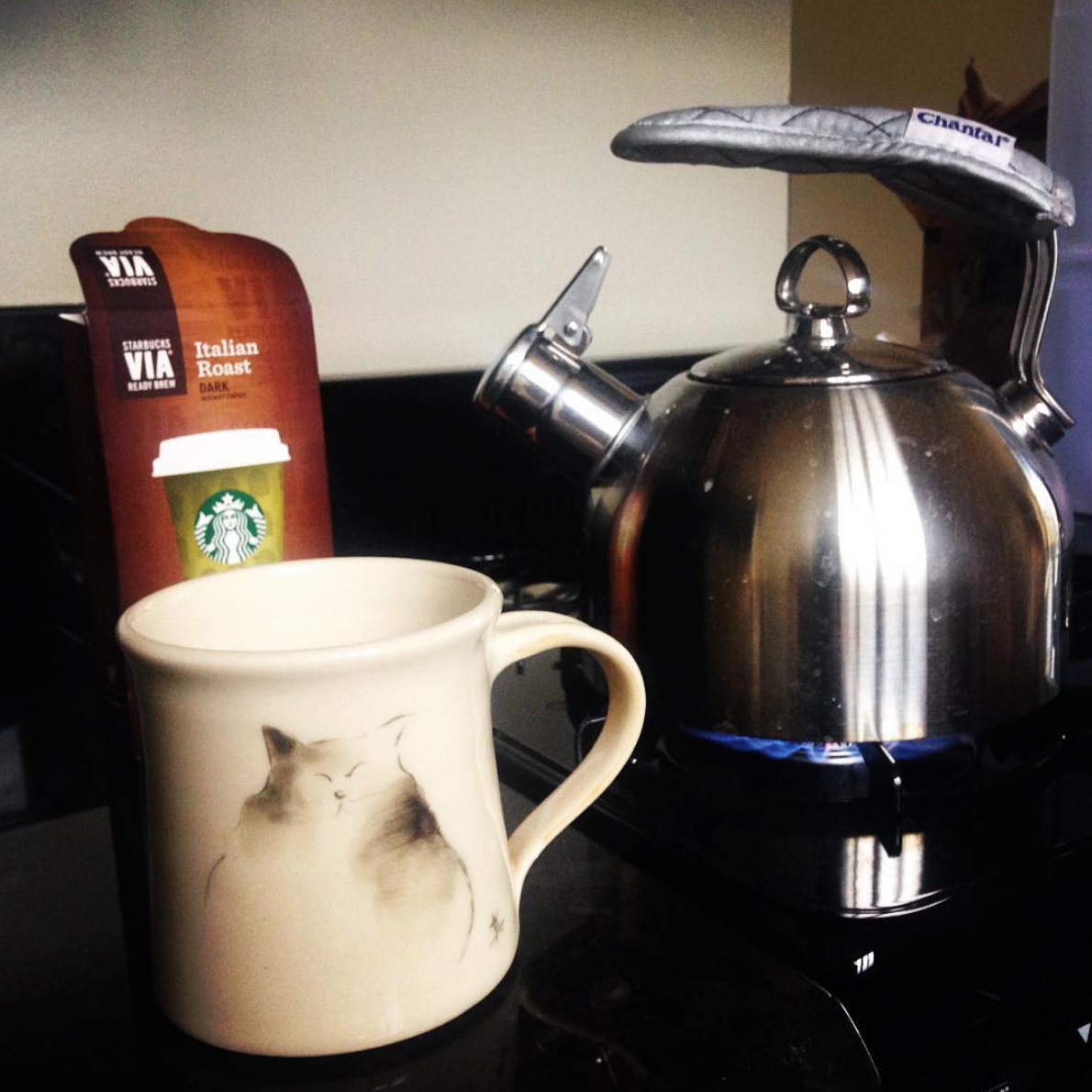 A mug with a watercolor cat on it rests in the foreground, behind a silver tea kettle and a brown box of instant coffee wait to bring happiness to the drinker.