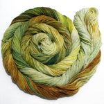 A swirling round of richly colored yarn rests against a clean white background. 