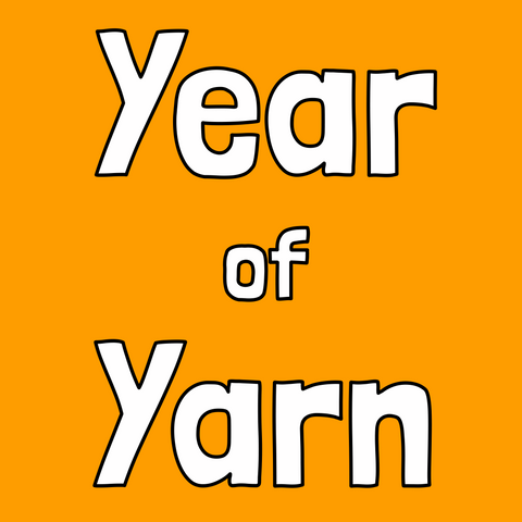 White blocky text reads " Year of Yarn" on a cheerful yellow background.